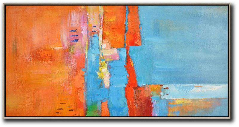 Extra Large Painting,Horizontal Palette Knife Contemporary Art,Pop Art Canvas,Orange,Sky Blue,White,Red.Etc